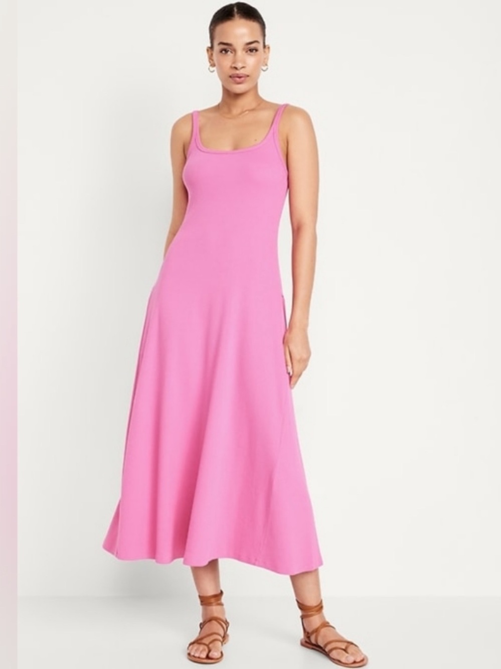 Old Navy Fit & Flare Rib-Knit zinnia Pink Scoop-Neck Midi Dress size M